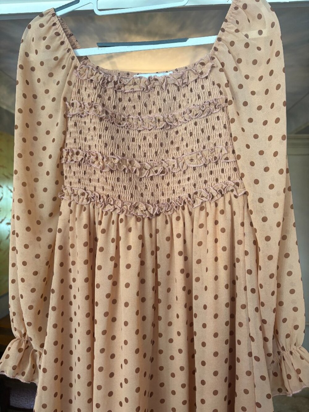 NWT Luna Tuccini Khaki Brown Polka Dot Smocked Mini Dress. Size S